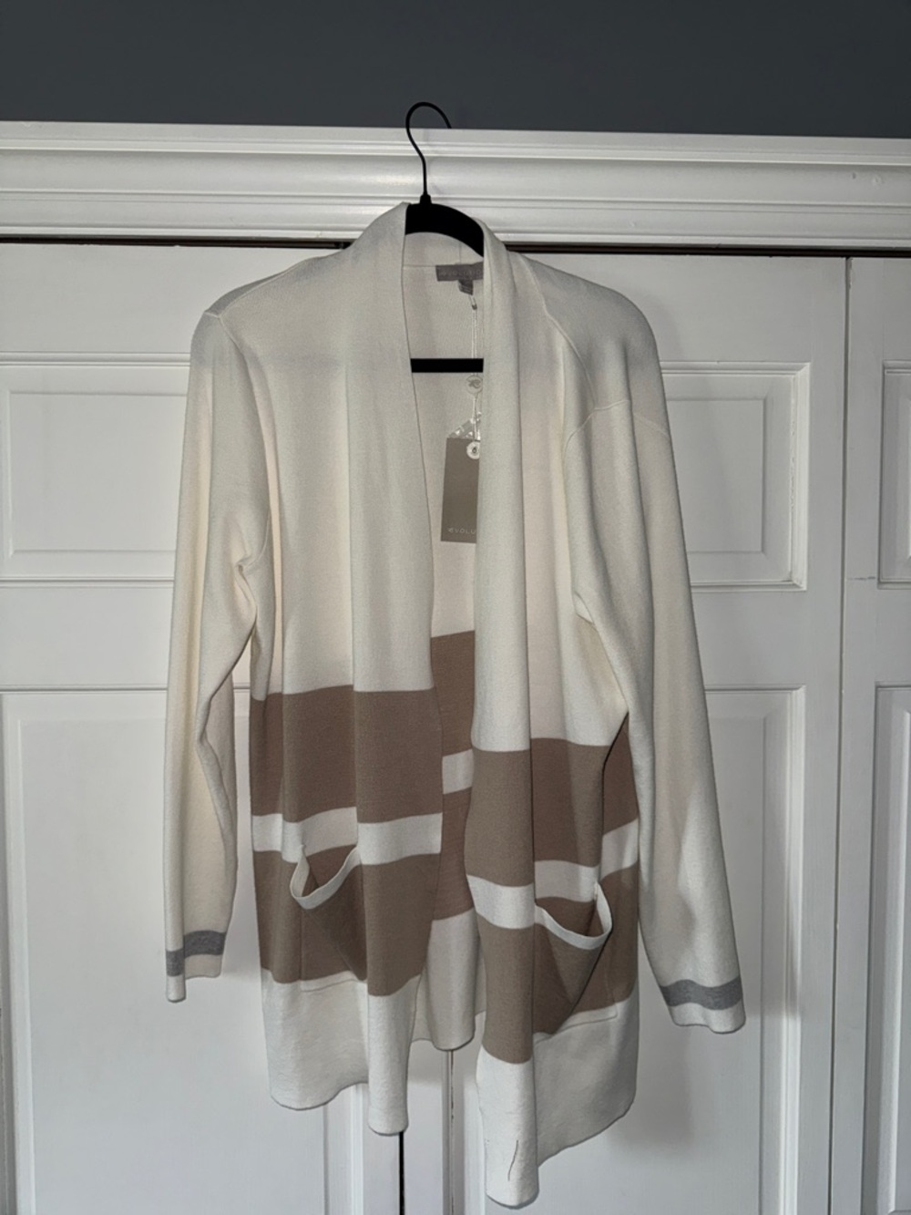 Open-Front Cream and Taupe Striped Women's Cardigan
